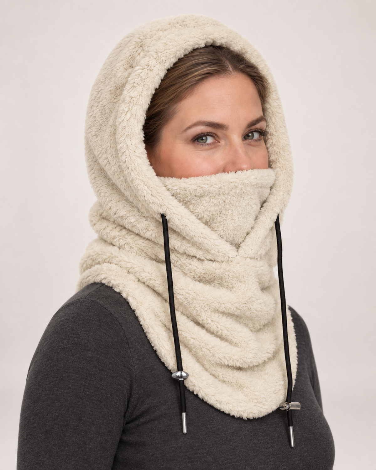 Plush Drawstring Balaclava Hood in Cream, 45 degree worn view