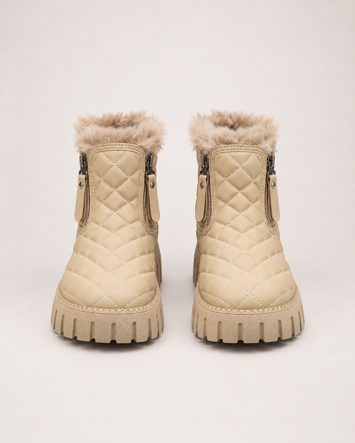 Women's Snow Boots: Quilted Platform Style in Khaki, pair straight front