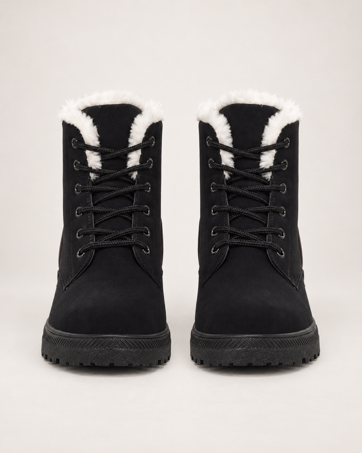 Women's Snow Boots: Plush-Lined Lace-Up Style in Black, pair straight front