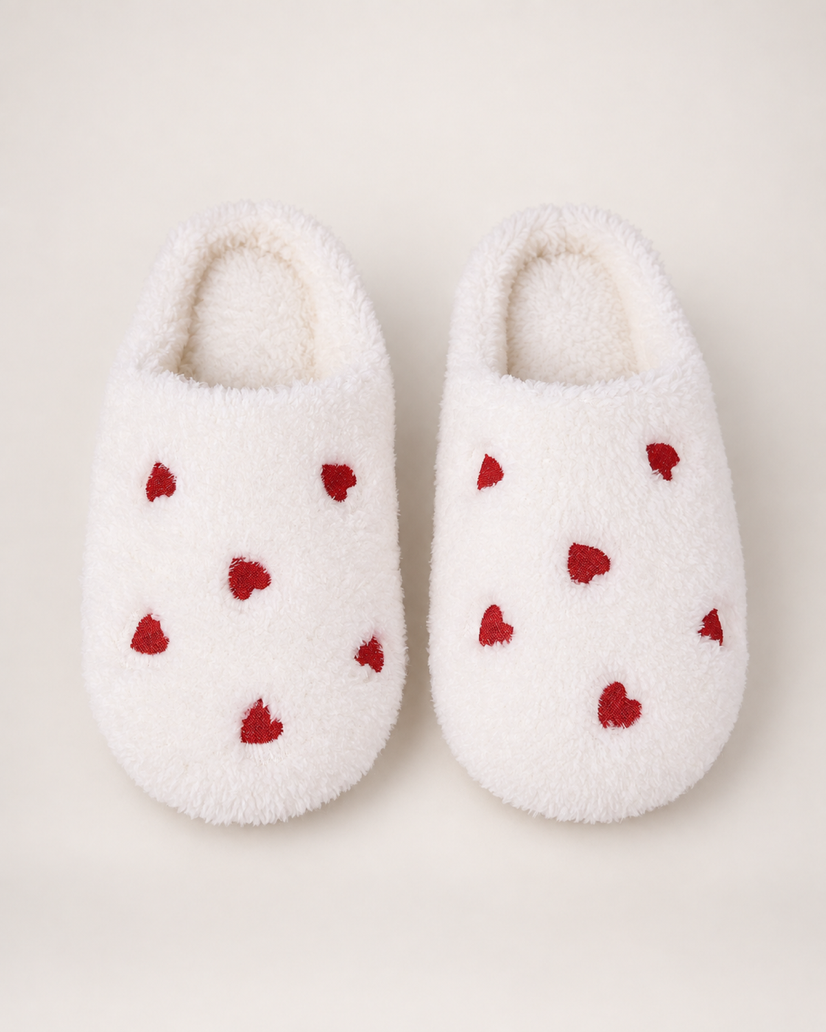 Heart Print Fluffy Slippers in White, front top view