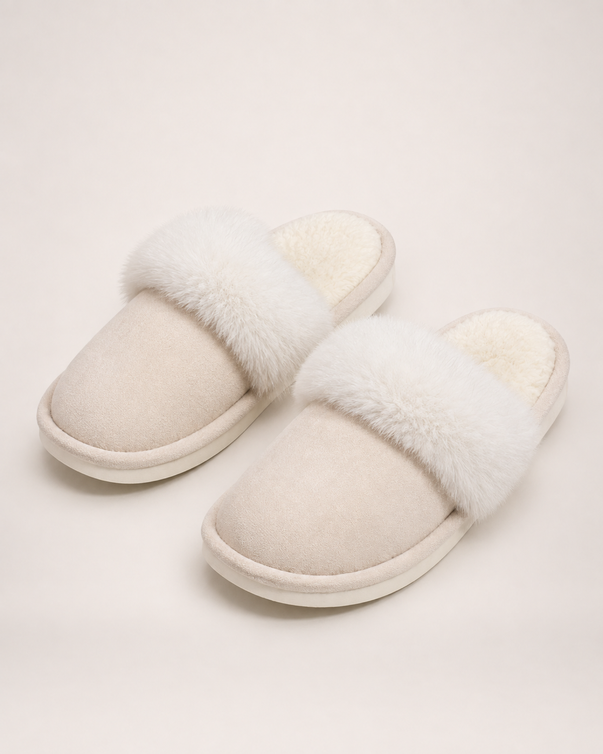 Fluffy House Slippers in Beige, front top view