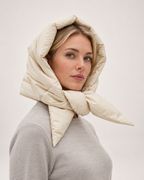 Women's Quilted Puffer Headscarf in Cream, 45 degree worn view