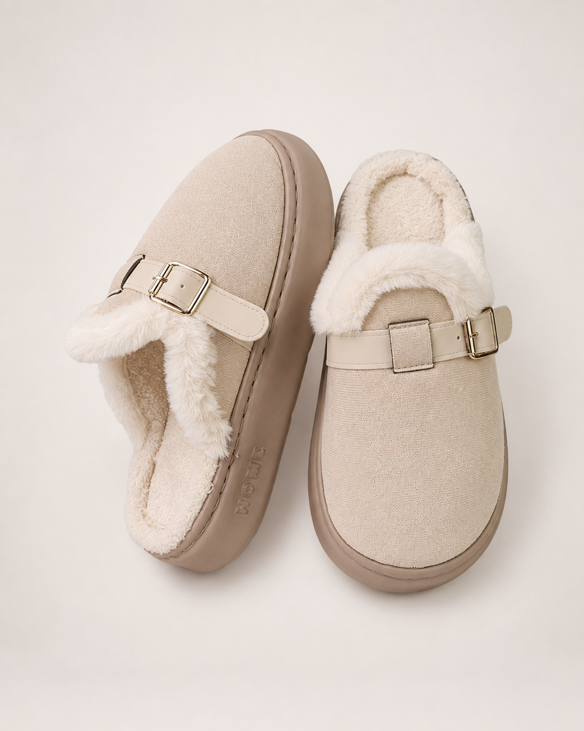 Faux Fur Buckle Mule Slippers in Beige, front top view