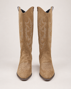 Women's Cowboy Boots: Embroidered Knee-High Style in Dark Brown, pair straight front
