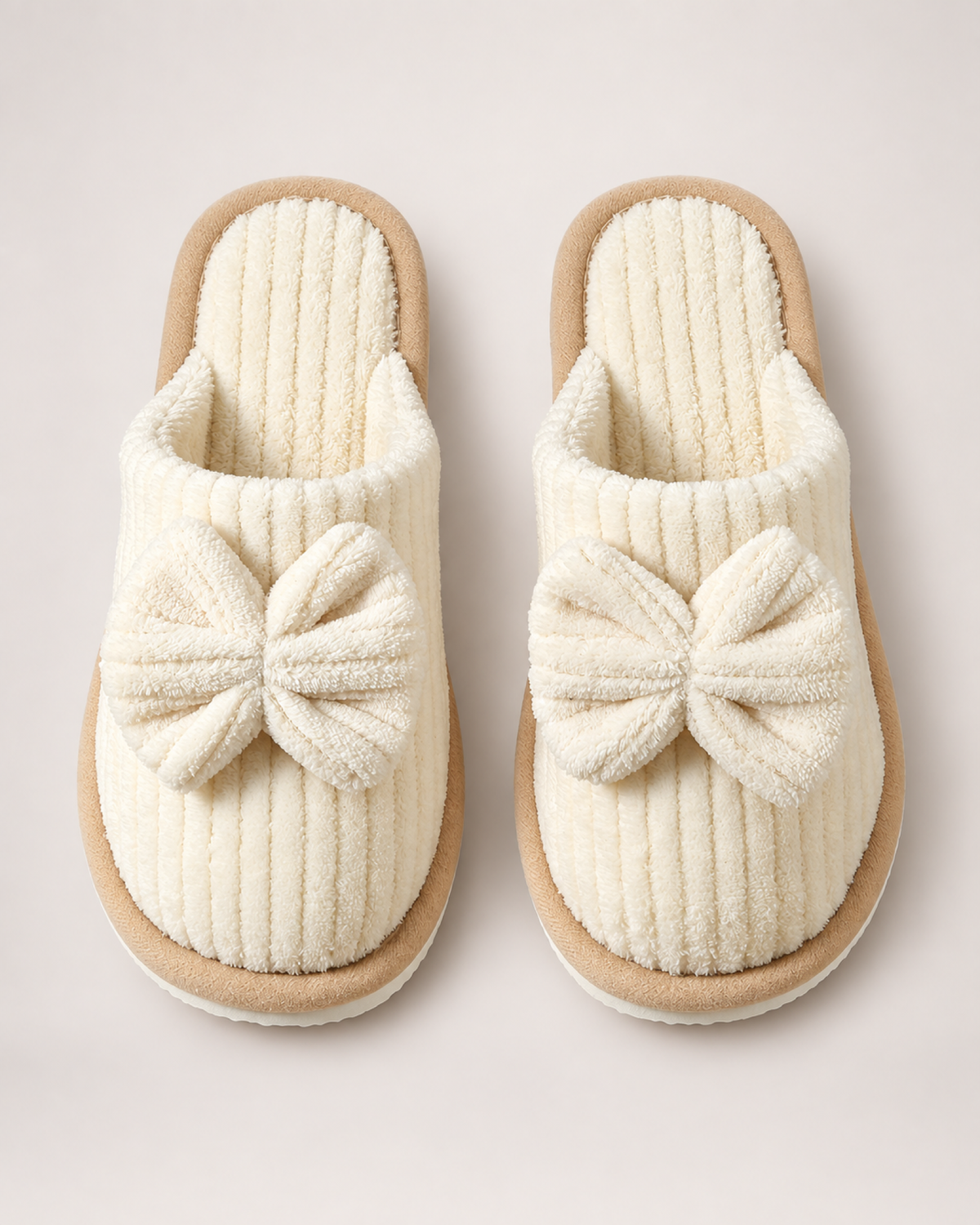 Women's Corduroy Bow Slippers in Beige, front top view