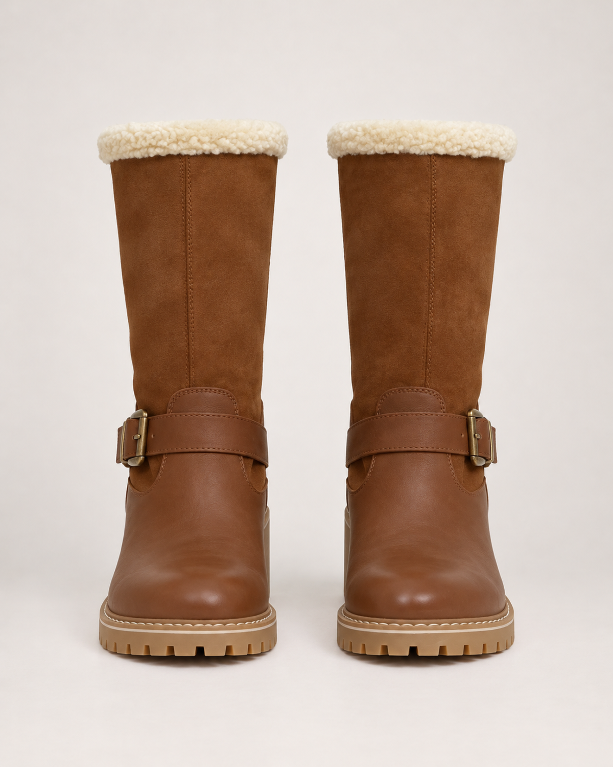 Women's Buckle Boots: Plush-Lined Block Heel Style in Light Brown, pair straight front