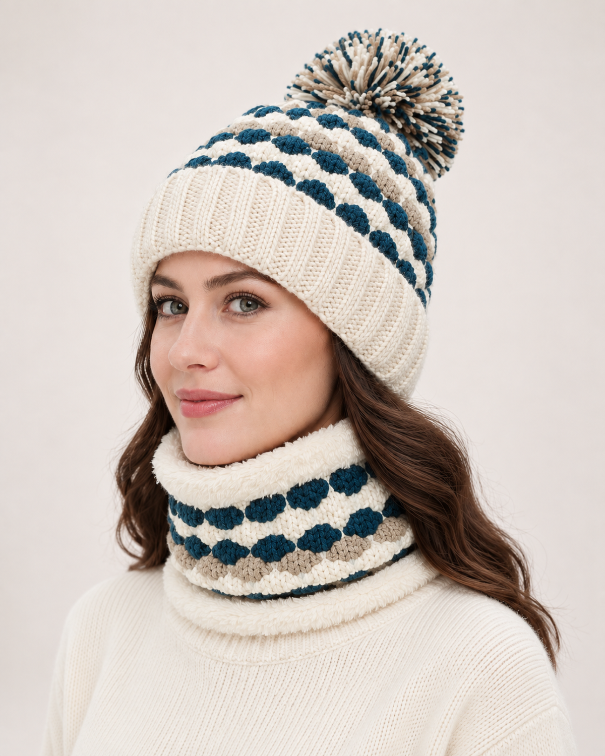 Women's Bobble Hat & Neck Warmer in Beige / Hat & Neck Warmer Set, 45 degree worn view