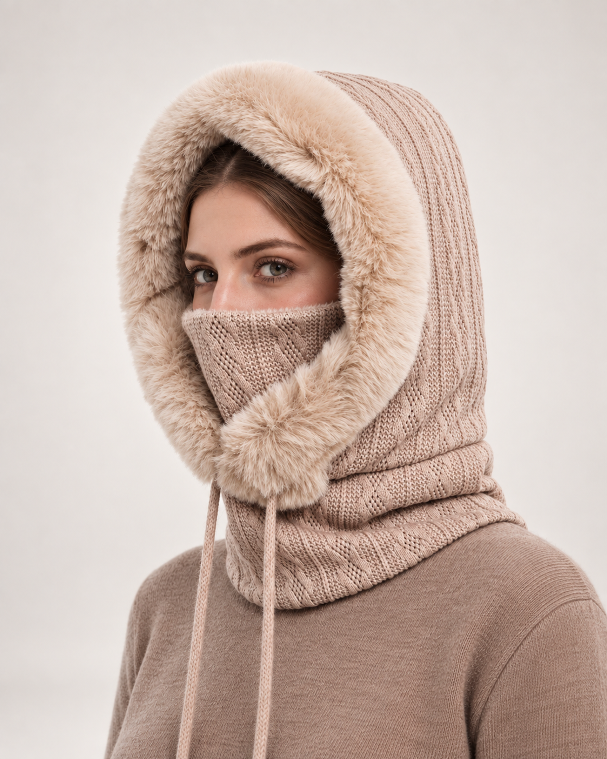 Women's Faux Fur Trim Hooded Scarf in Beige, 45 degree worn view