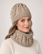 Women's Cable Knit Hat & Scarf Set in Beige, 45 degree worn view