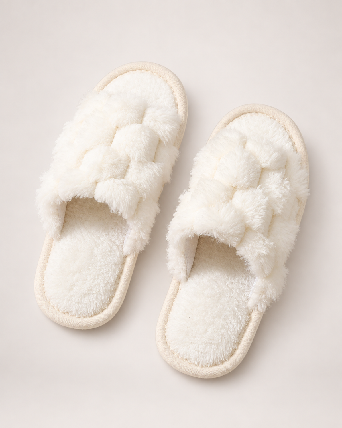 Fluffy Open Toe Slippers in White, front top view
