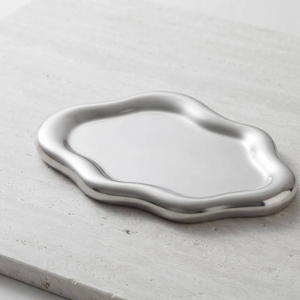 Mira Cloud Jewellery Tray in Silver Mirror — Show the reflective glaze and sculpted rim.