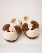 Plush Dog Face Slippers in Beige, front top view