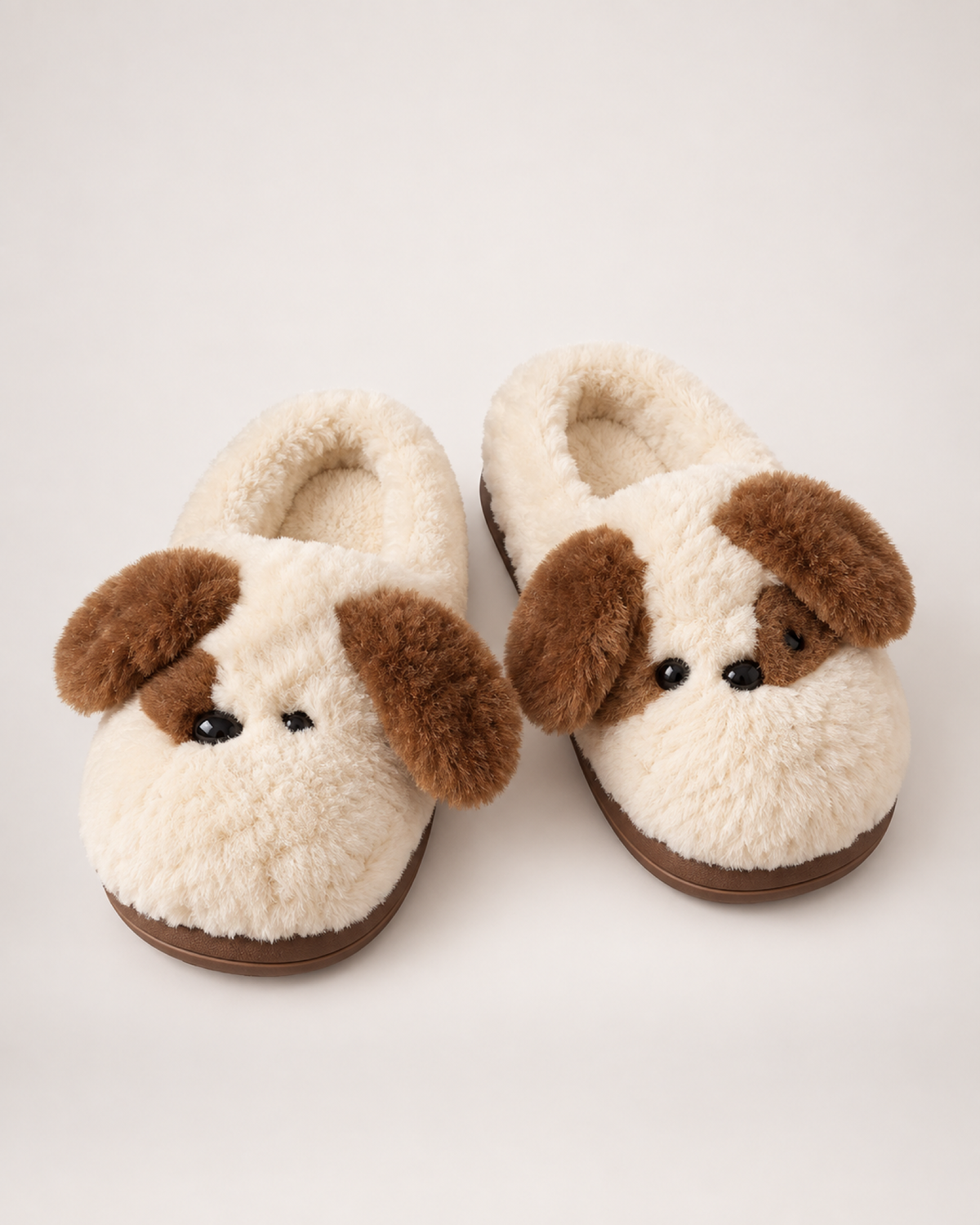 Plush Dog Face Slippers in Beige, front top view