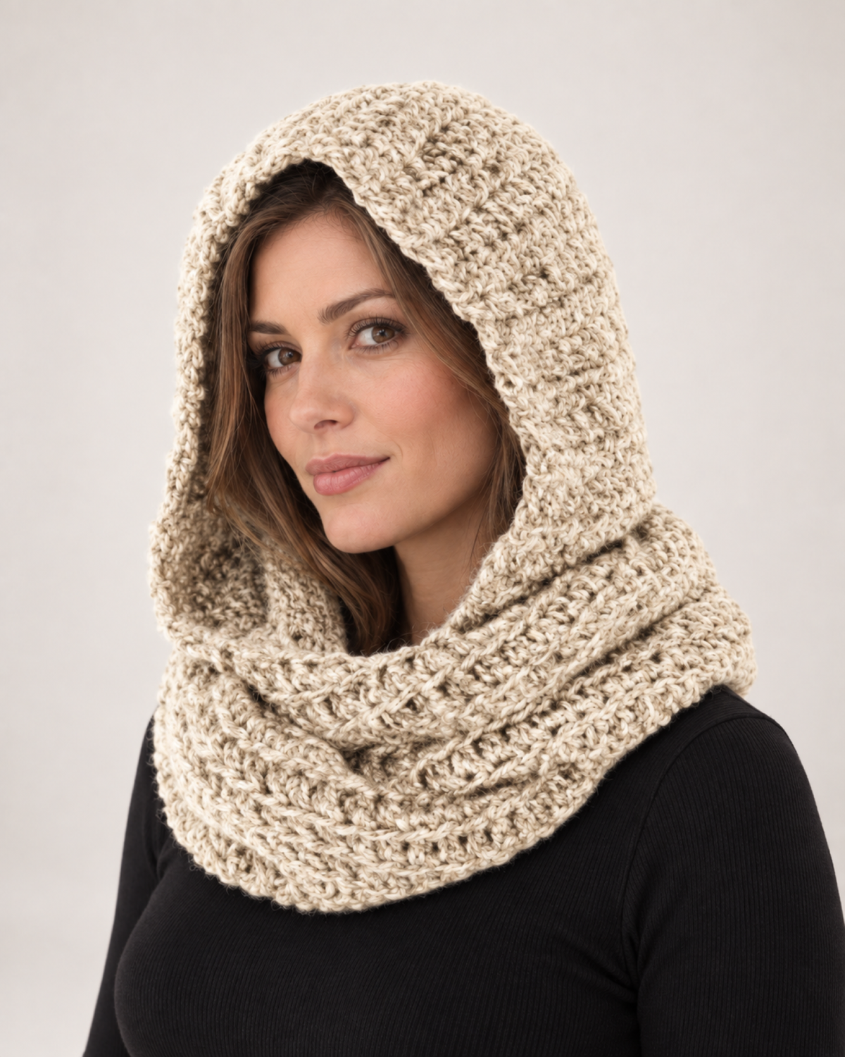 Women's Chunky Knit Hooded Scarf in Beige, 45 degree worn view