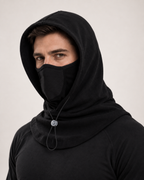 Thermal Fleece Balaclava Hood in Black, 45 degree worn view