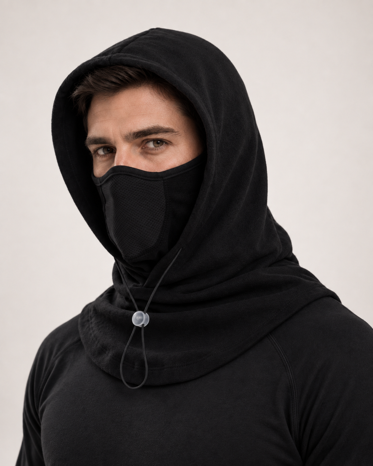Thermal Fleece Balaclava Hood in Black, 45 degree worn view