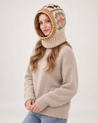 Women's beige floral crochet hooded scarf, alternate three-quarter studio view