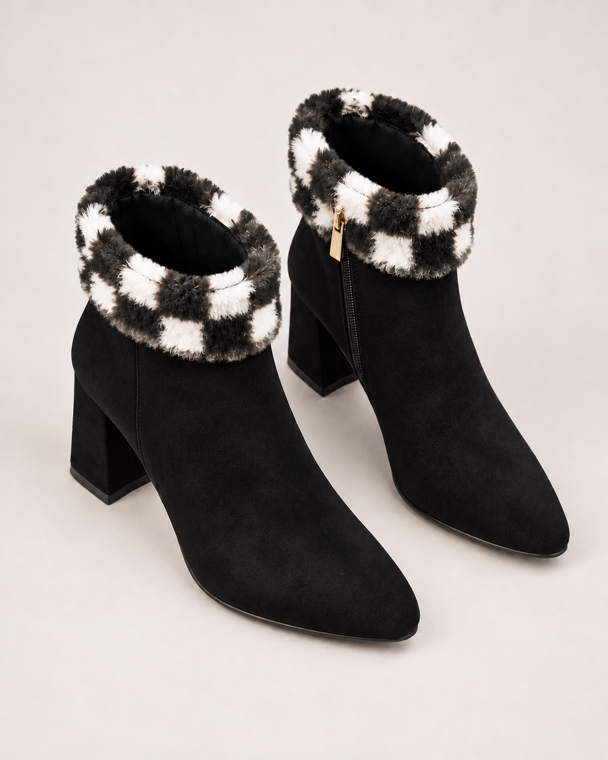 Women's Ankle Boots - Plaid-Trim Block Heel Style, elevated top view showing openings and upper construction