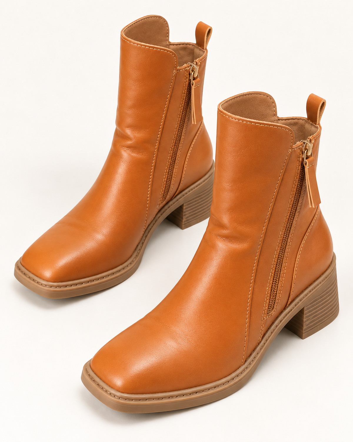 Women's brown chunky block heel ankle boots, elevated studio view