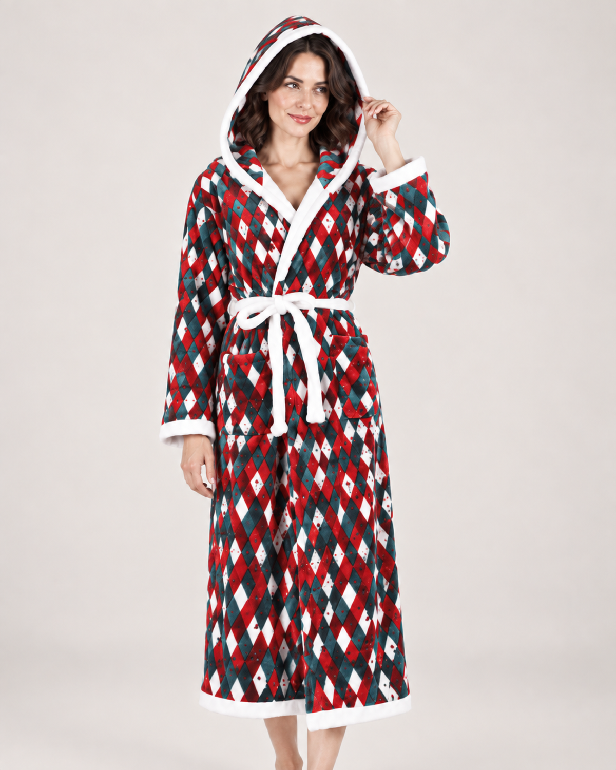 Women's Christmas Check Hooded Dressing Gown in Christmas Check, product-focused view
