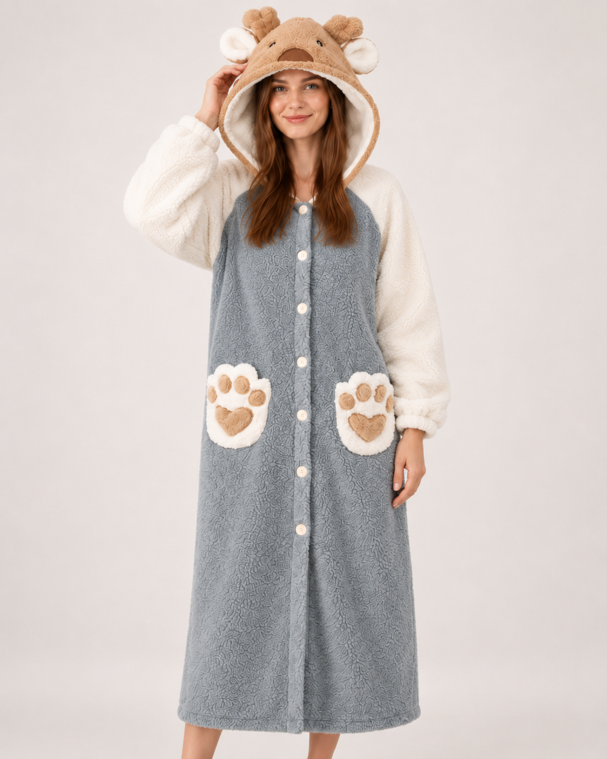 Women's Animal Hooded Lounge Robe in Grey & Cream, product-focused view