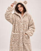 Ladies' Hooded Dressing Gown – Leopard Print in 300g Plush, product-focused view