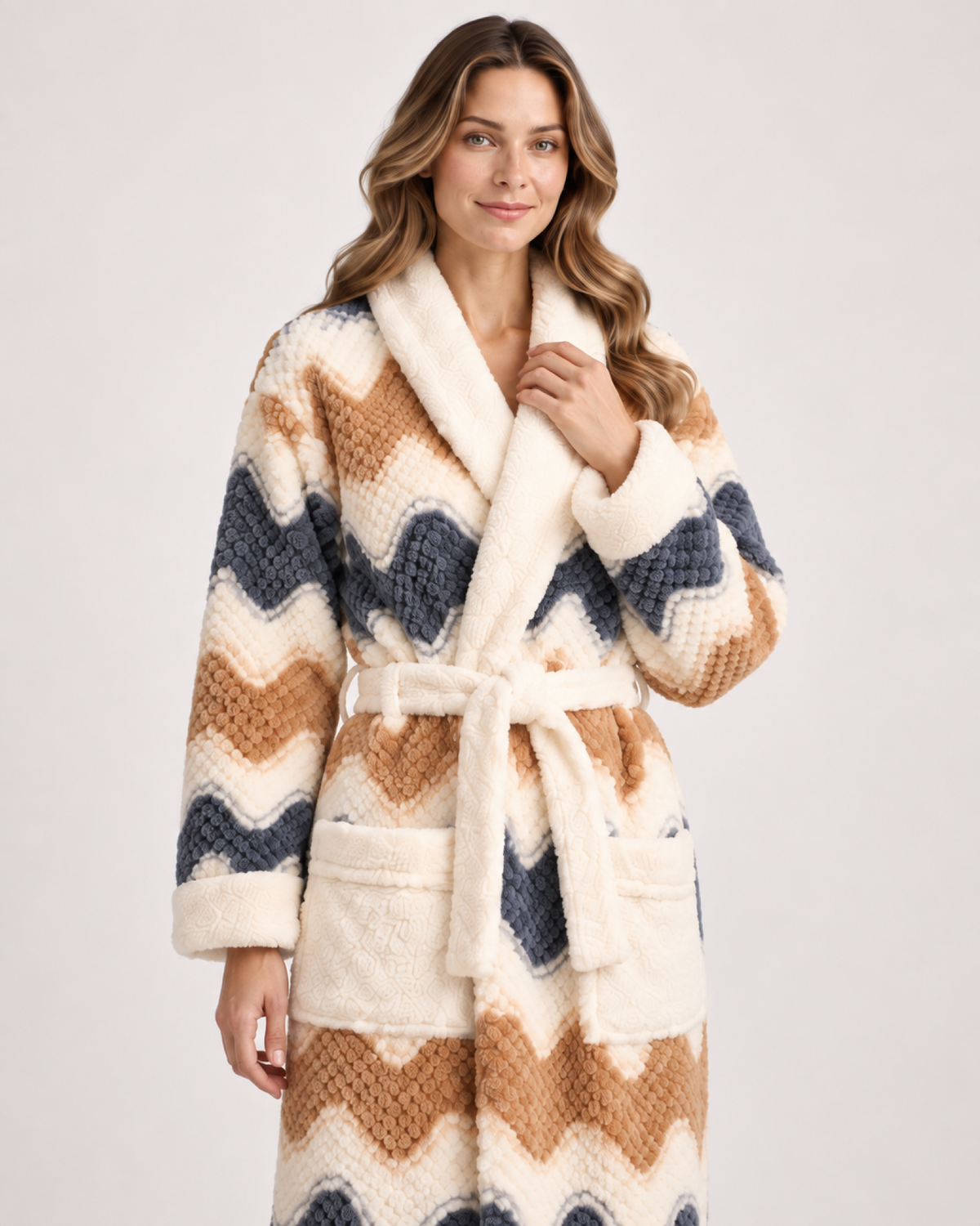 Women's Patterned Long Dressing Gown in Wave Stripe, product-focused view