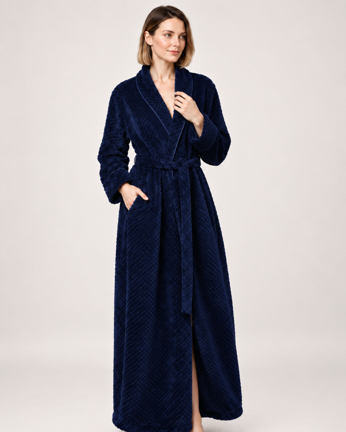 Women's Textured Long Dressing Gown in Navy Blue, product-focused view