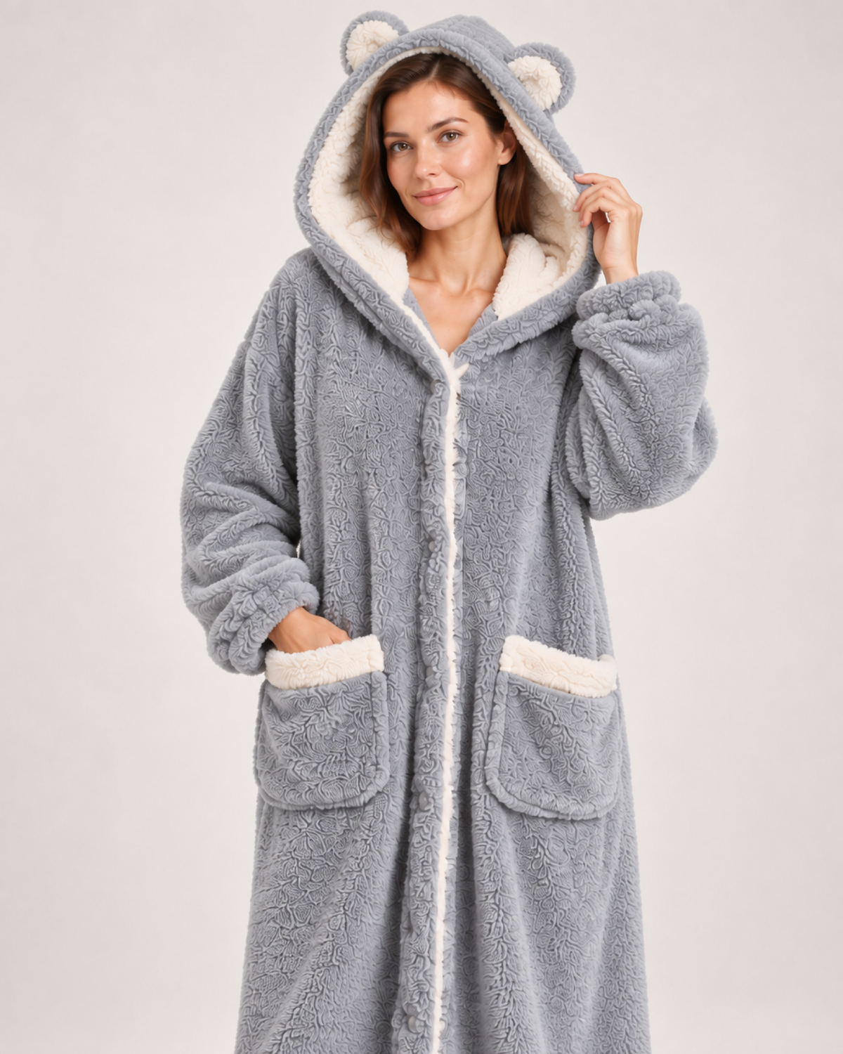 Ladies' Hooded Dressing Gown – Rounded Ear Detail in Grey, product-focused view