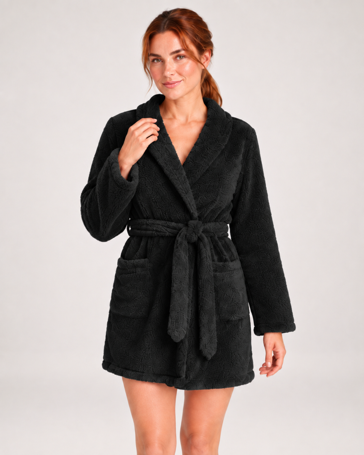 Women's Short Plush Dressing Gown in Black, product-focused view