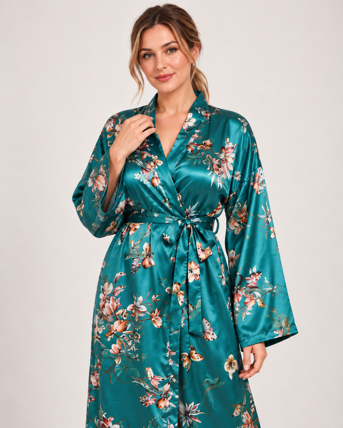 Ladies' Floral Dressing Gown – Long Wrap Style in Teal Floral, product-focused view