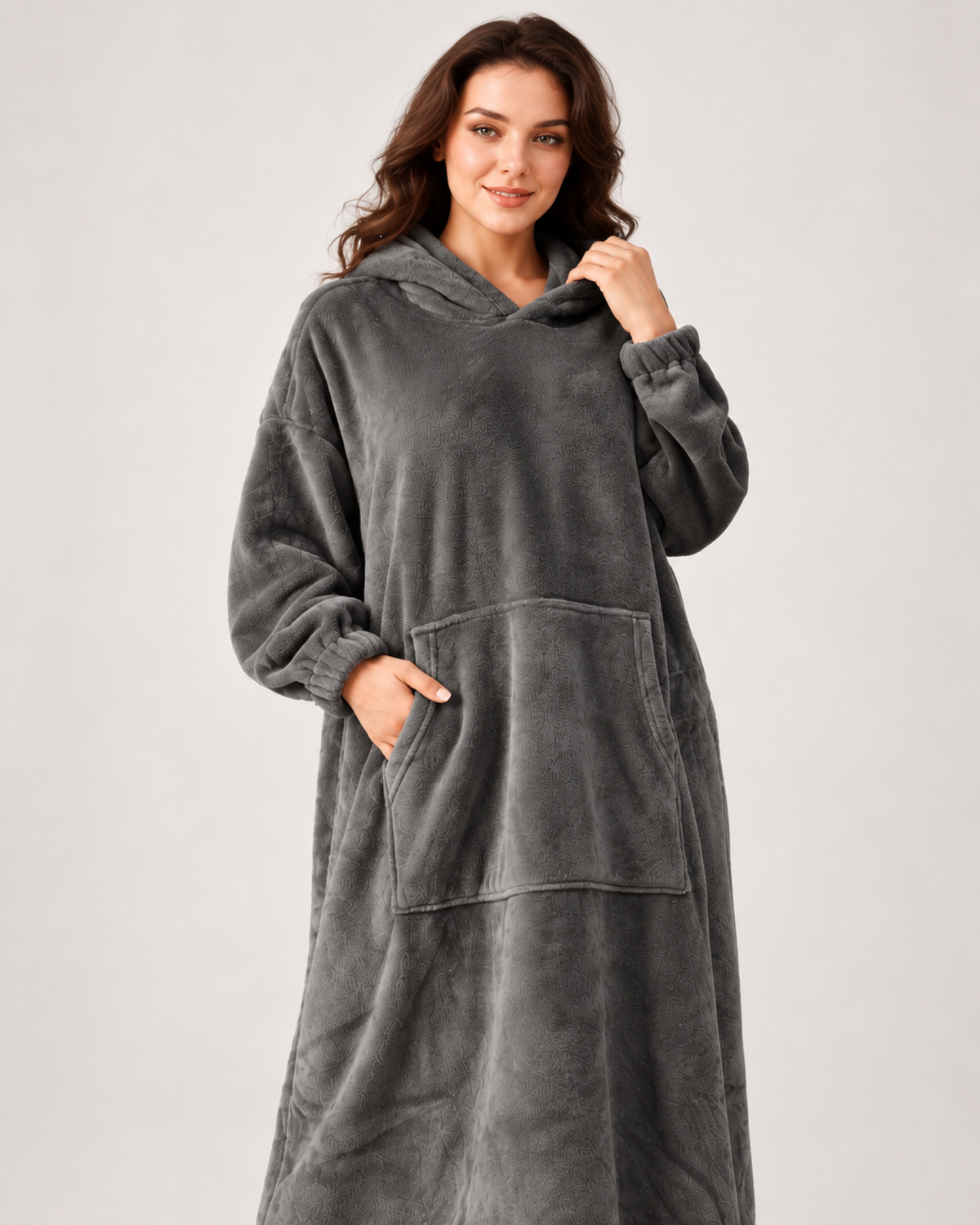 Ladies' Hooded Dressing Gown – Long Pullover Style in Dark Grey, product-focused view