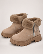 Women's Snow Boots – Plush-Lined Ankle Style in Khaki, folded-collar view