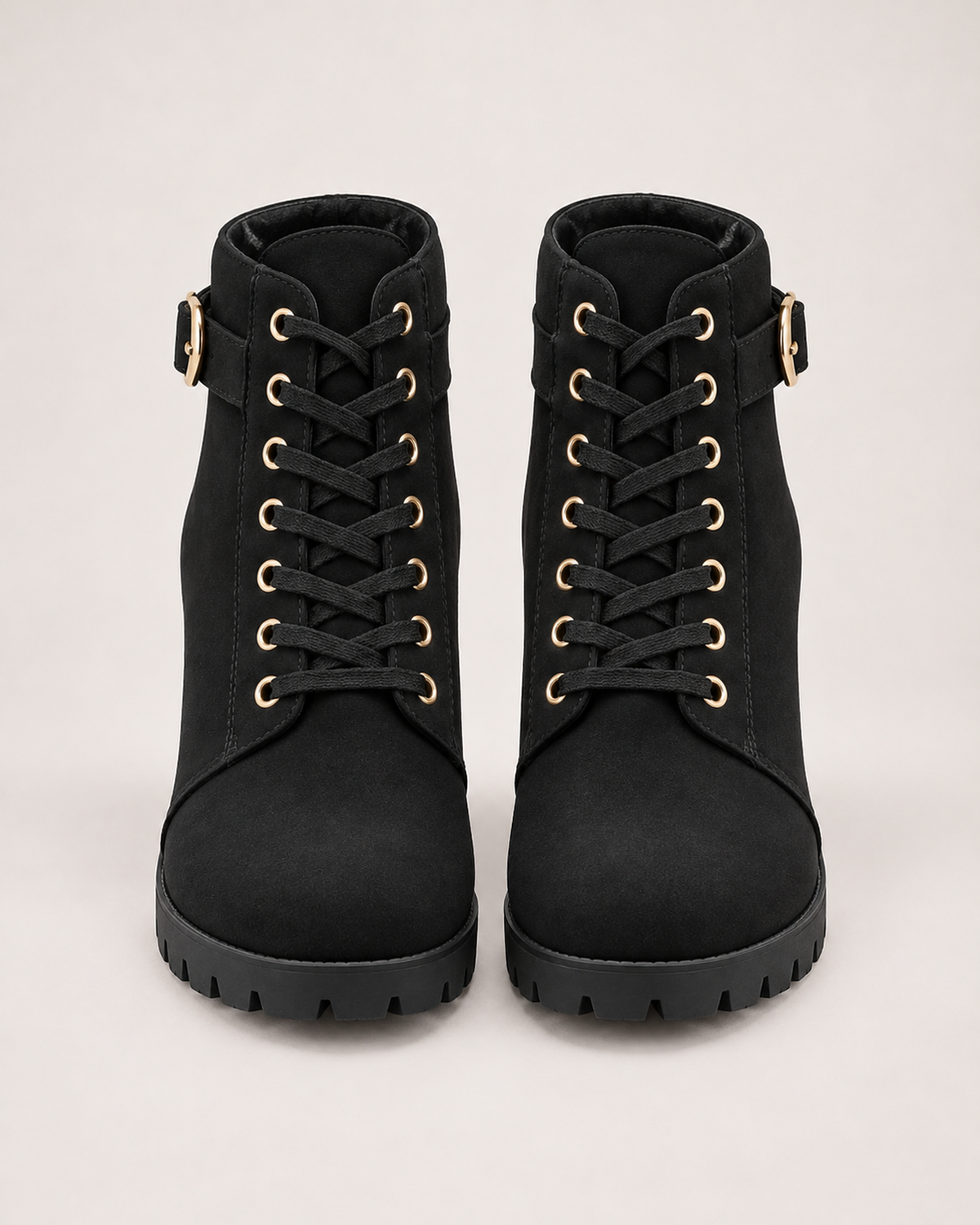 Women's Ankle Boots - Buckled Lace-Up Block Heel, elevated view of openings and construction