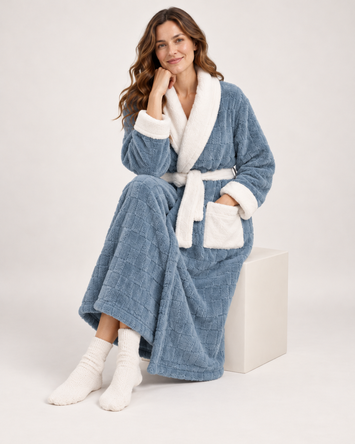 Women's Dressing Gown - Textured Contrast-Trim Style, natural seated studio pose