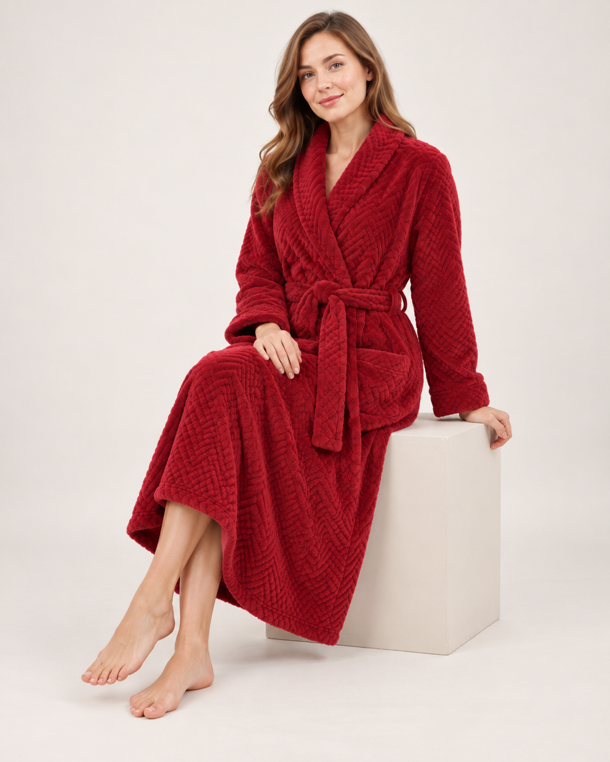 Women's Dressing Gown - Jacquard Shawl-Collar Style, natural seated studio pose