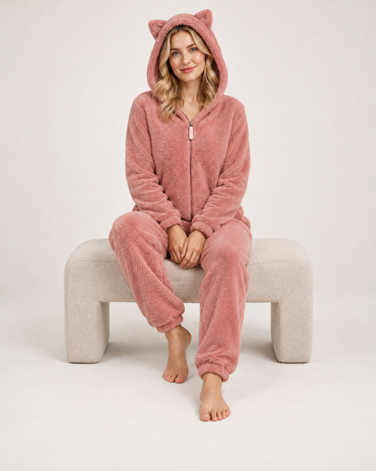 Women's pink cat-ear fleece onesie, seated studio view