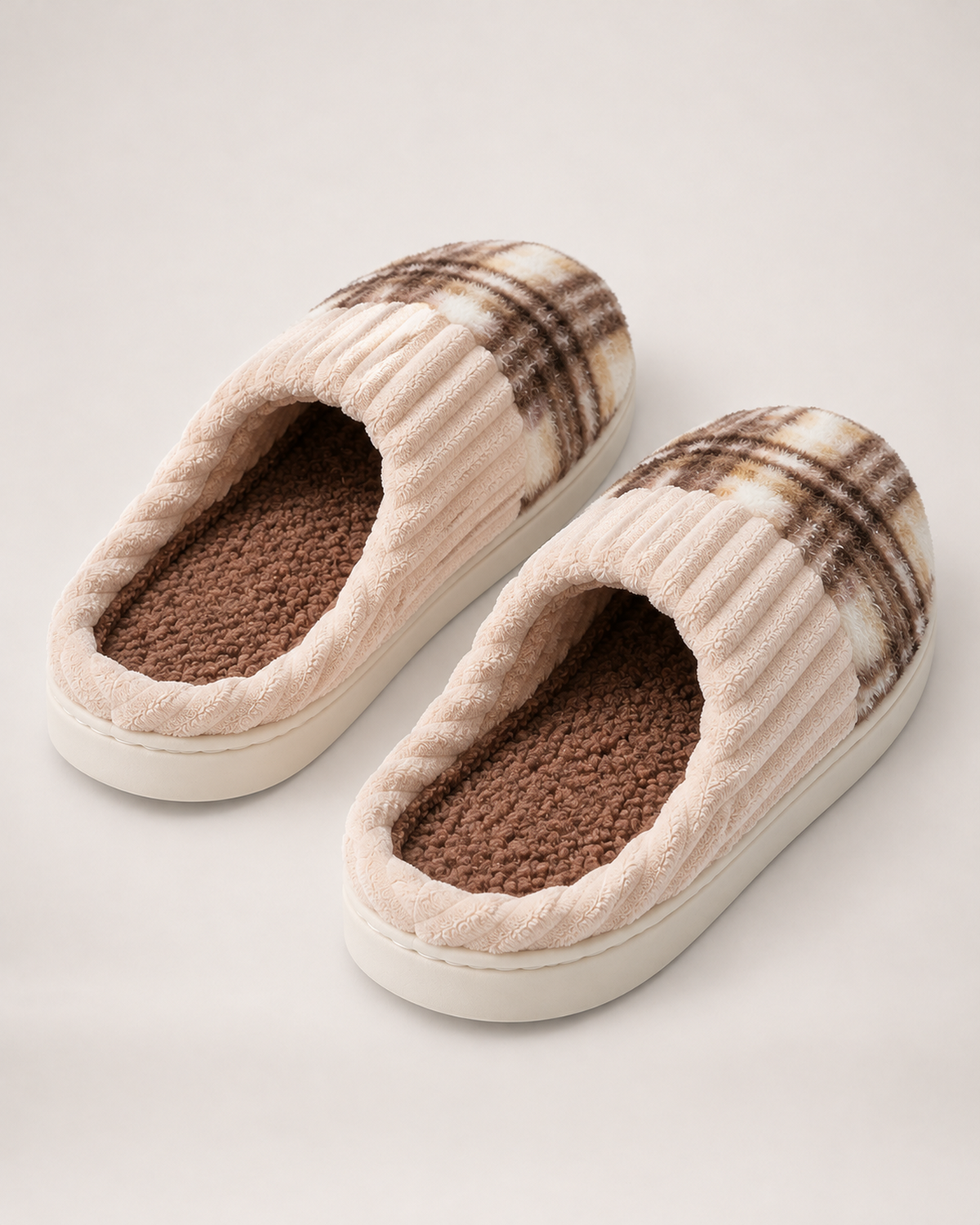 Men's Slippers - Plaid Plush Style, rear view showing open-back construction