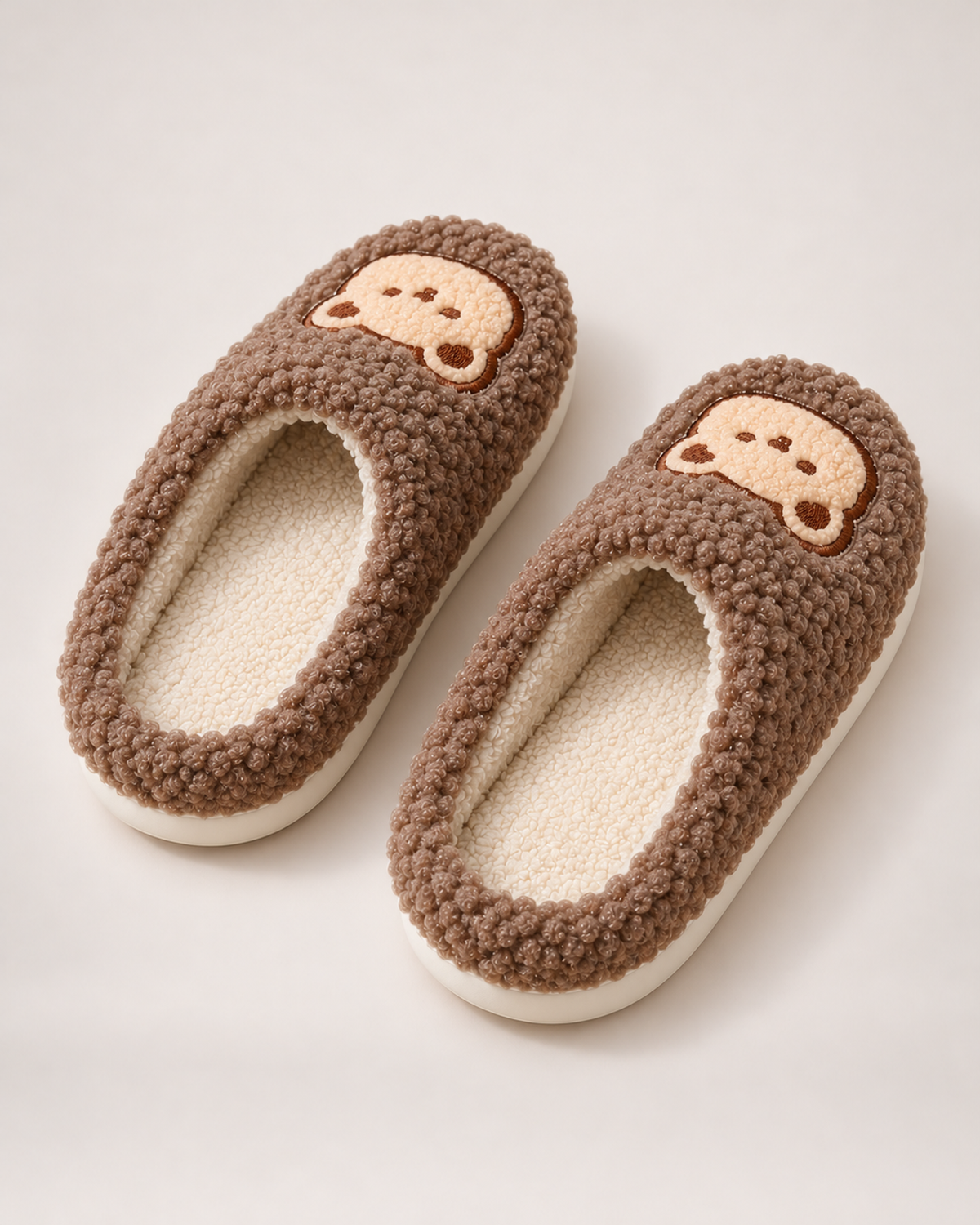 Fluffy Bear Slippers - Embroidered Face Style, rear construction view