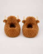 Women's Highland Cow Slippers in Brown, rear heel view