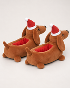 Women's Christmas Dachshund Slippers in Brown, rear heel view