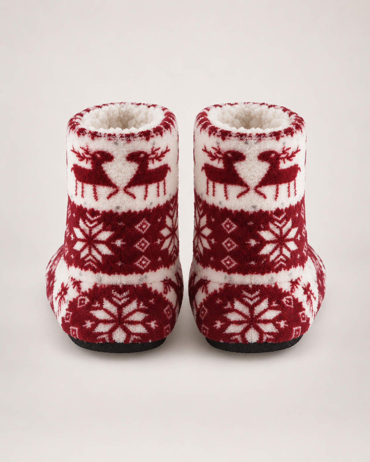 Women's Christmas Slipper Boots – Reindeer Print, rear view proving the heel, cuff and sole construction