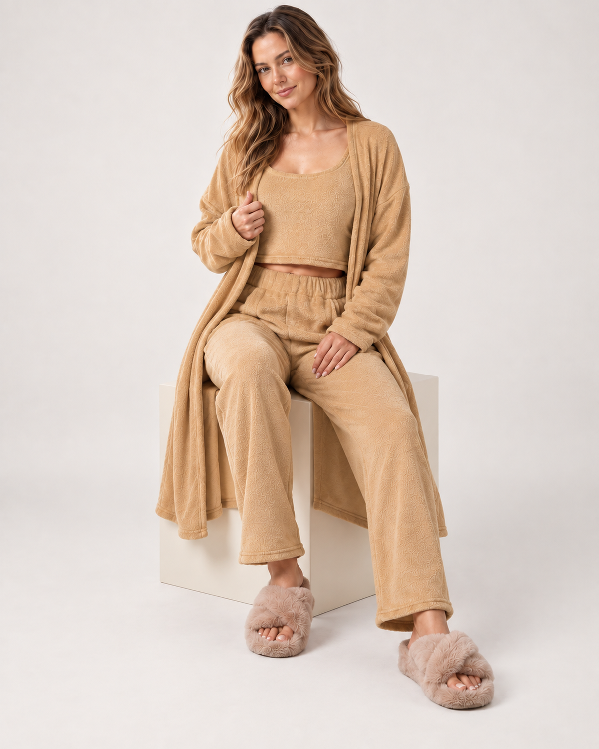 Women's Three Piece Loungewear Set in Camel, seated studio view