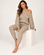 Women's Cable Knit Loungewear Set in Khaki, seated studio view