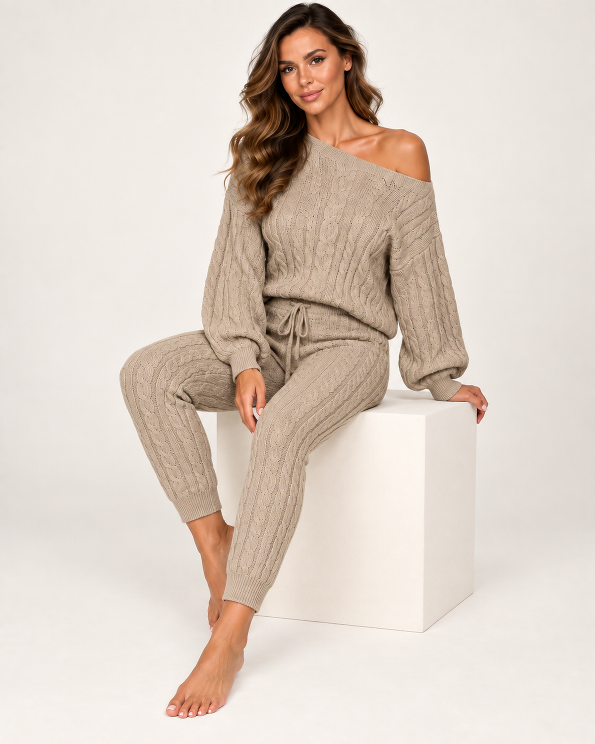 Women's Cable Knit Loungewear Set in Khaki, seated studio view
