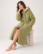 Women's Quilted Fleece Dressing Gown – Hooded Long Style, natural seated studio pose keeping the hood, front and length visible