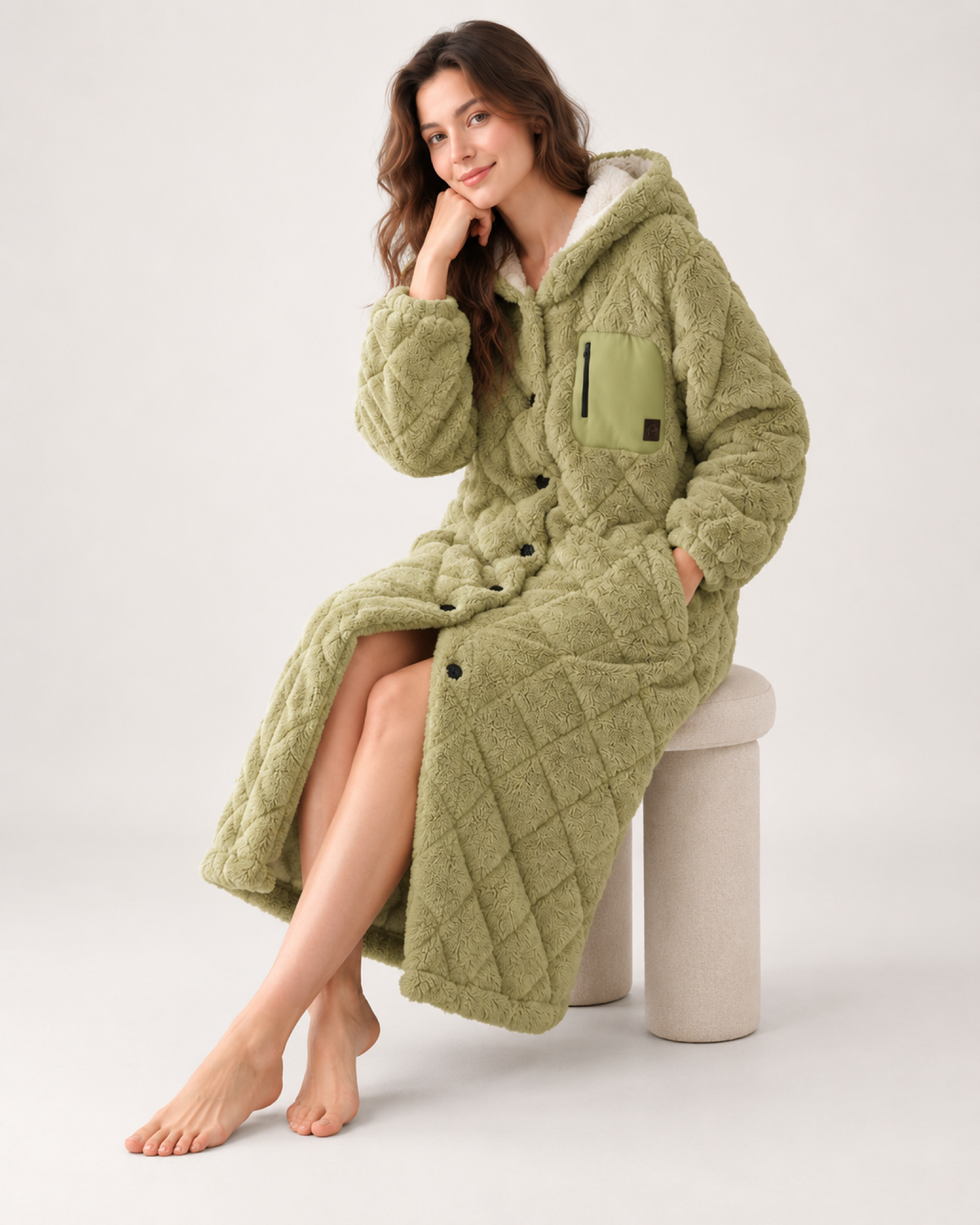 Women's Quilted Fleece Dressing Gown – Hooded Long Style, natural seated studio pose keeping the hood, front and length visible