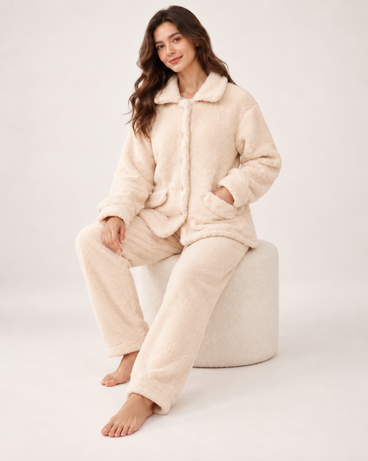 Women's Fleece Pyjama Set – Button-Front Loungewear, natural seated studio pose keeping the set visible