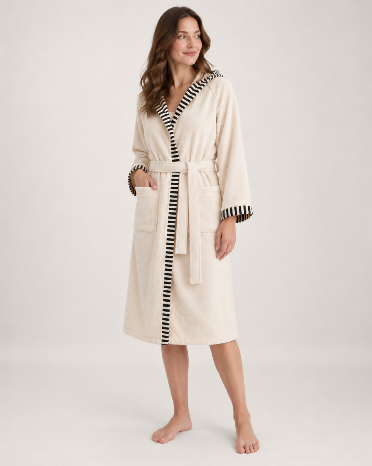 Women's Hooded Cotton Dressing Gown in Cream, three-quarter view
