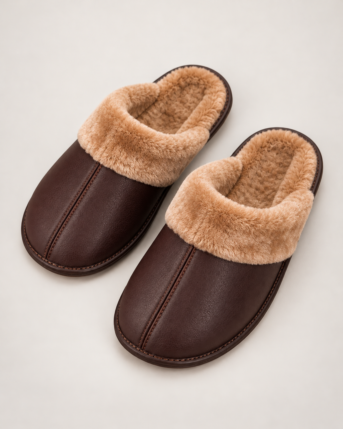 Men's dark brown stitched warm-lined slippers, near-top studio view